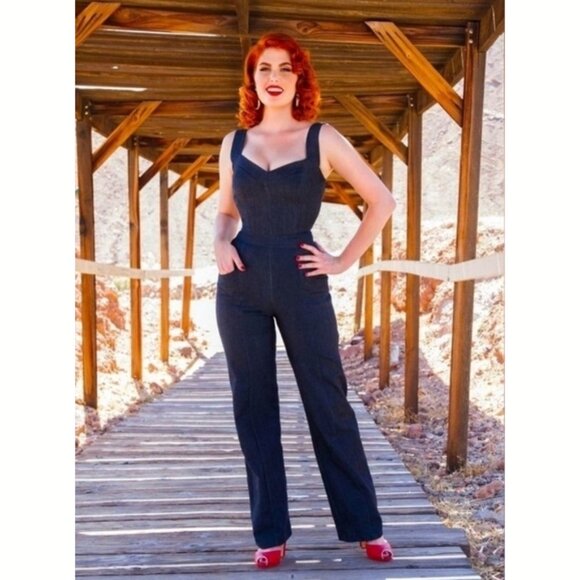 Pinup Girl Clothing Daphne Overalls in Denim - Picture 1 of 7